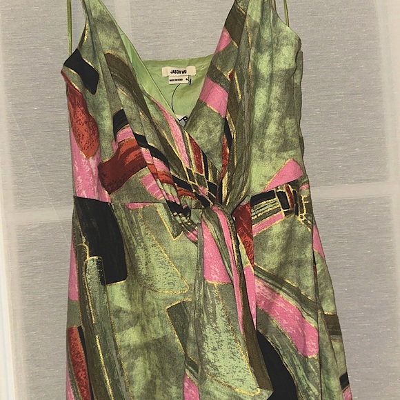 NWT Jason Wu Tropical Gold Accent Faux Wrap Tie Linen Blend Dress sz 6 - Picture 5 of 6